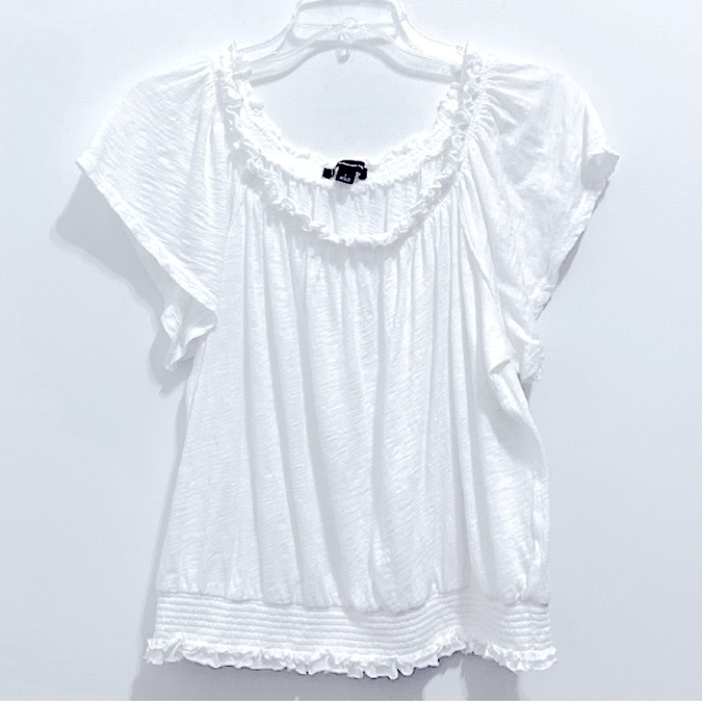 NEW  INC Women’s Cotton Smocked White Peasant Off-the-shoulder Fluted Sleeve Top
